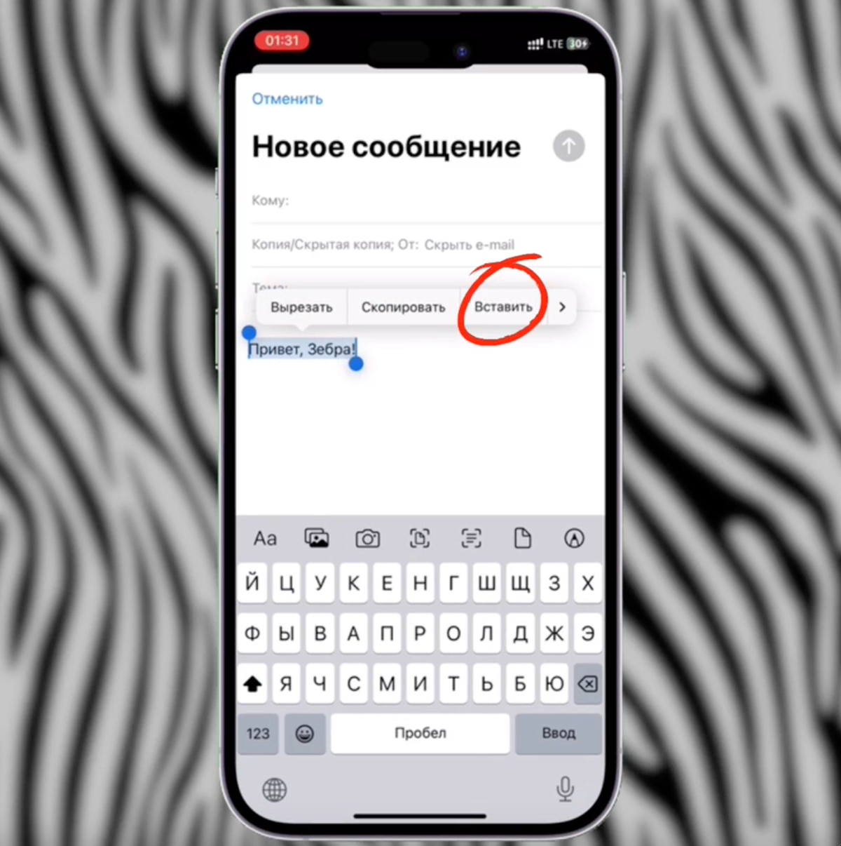 Как быстро вставить ссылку в текст в приложении "Почта" на iPhone?